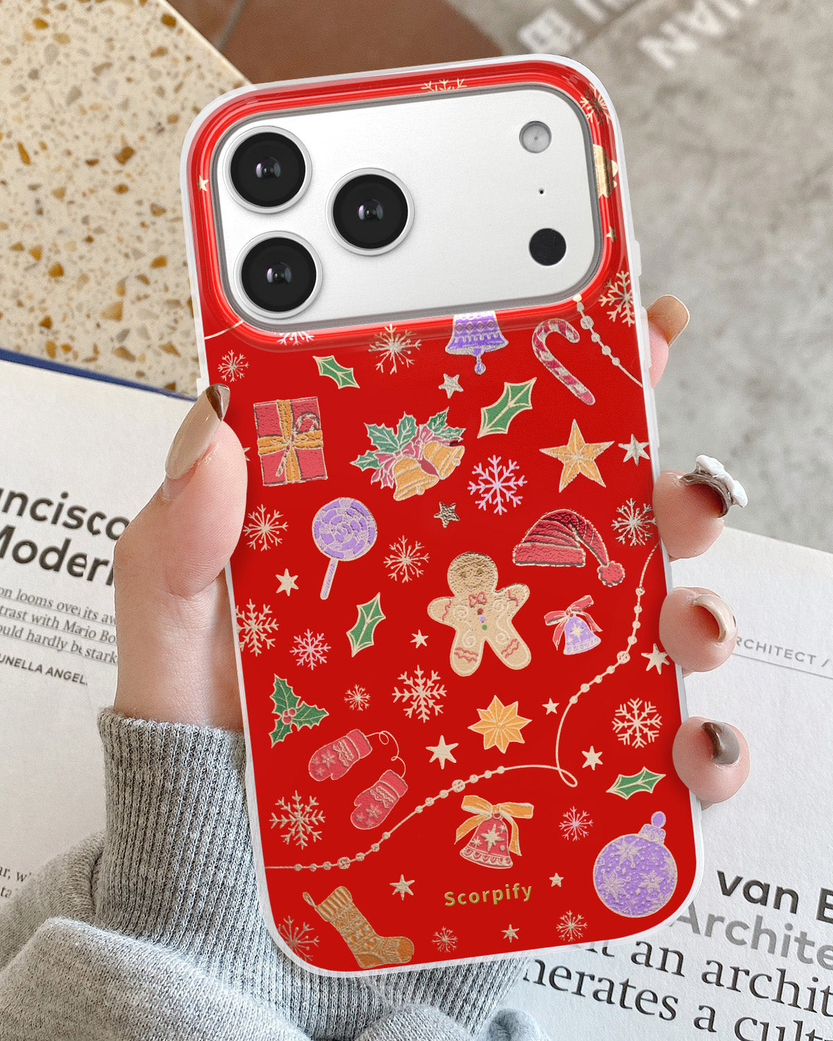 Red MagSafe iPhone case with holiday sparkle