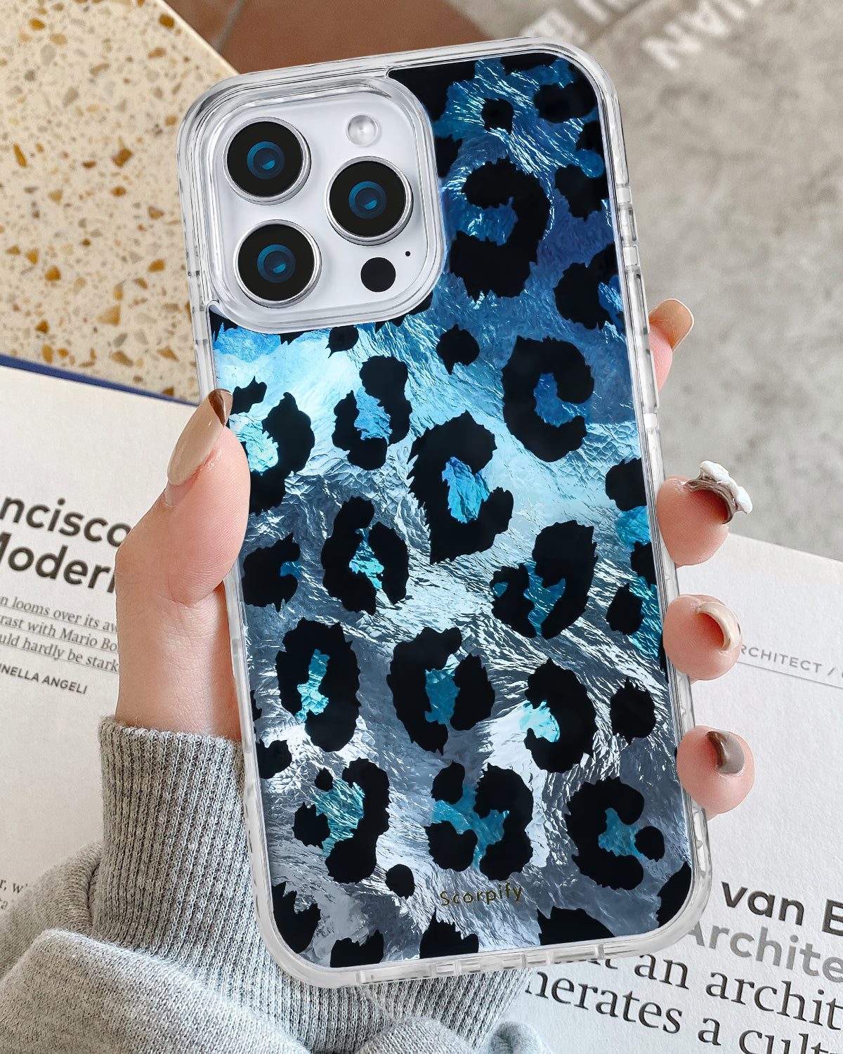 Blue Shimmer Leopard iPhone Case With Reflective Pearl Tone