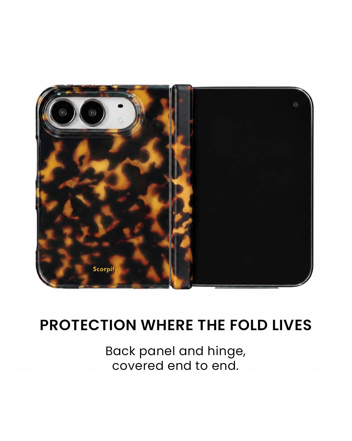 Back panel and hinge protection view of Dark brown tortoise shell iPhone Duo case