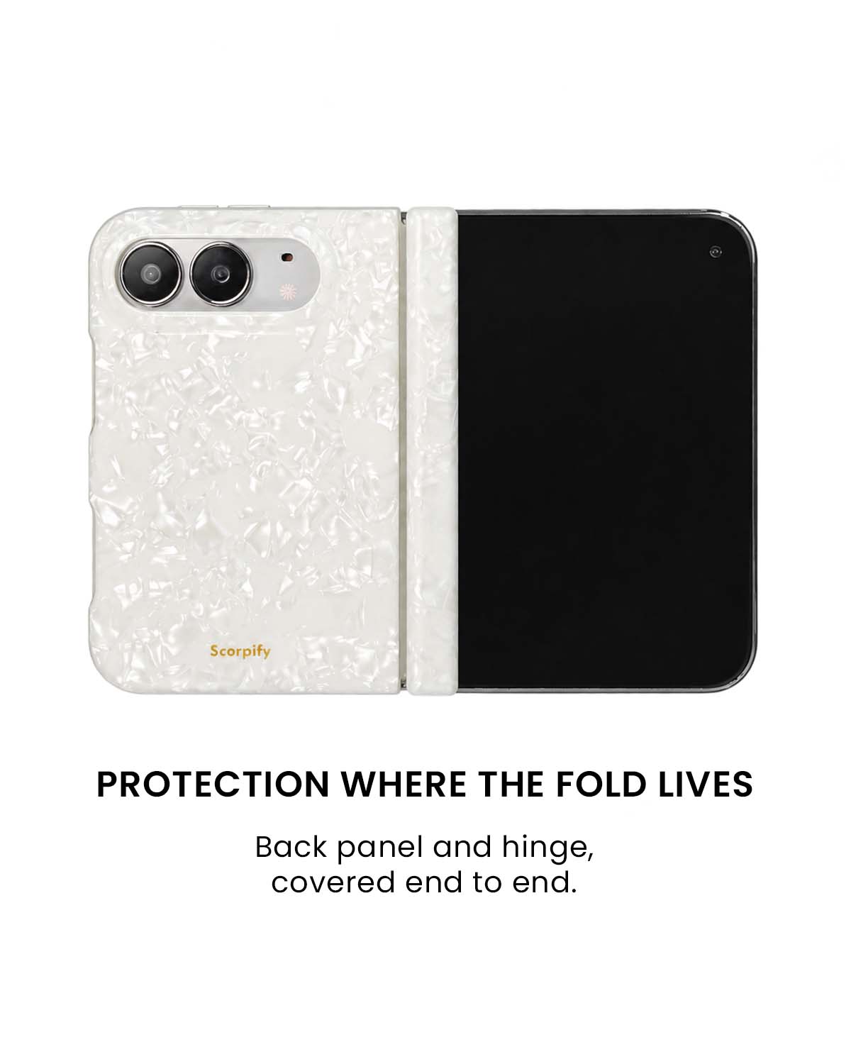 Back panel and hinge protection view of White mother-of-pearl iPhone Duo case