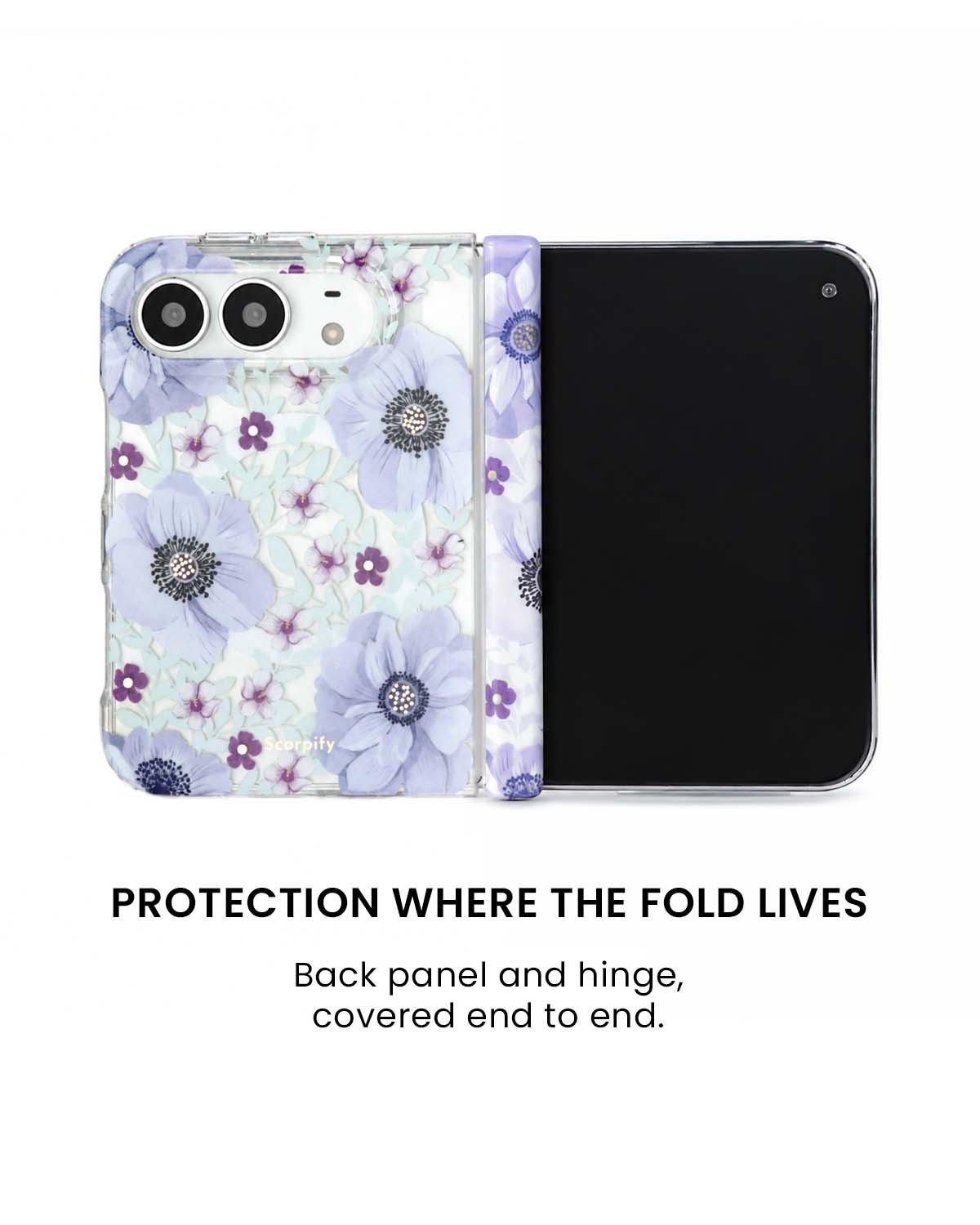 Back panel and hinge protection view of Purple anemone floral print iPhone Duo case