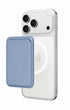 Blue lavender phone case wallet on iPhone, side angle