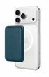 Storm blue phone case wallet on iPhone, side angle