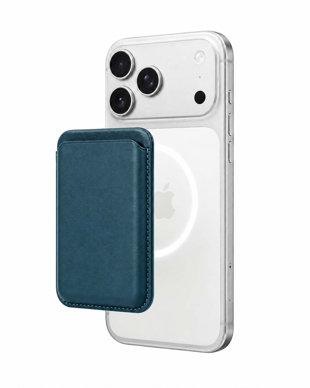Storm blue phone case wallet on iPhone, side angle