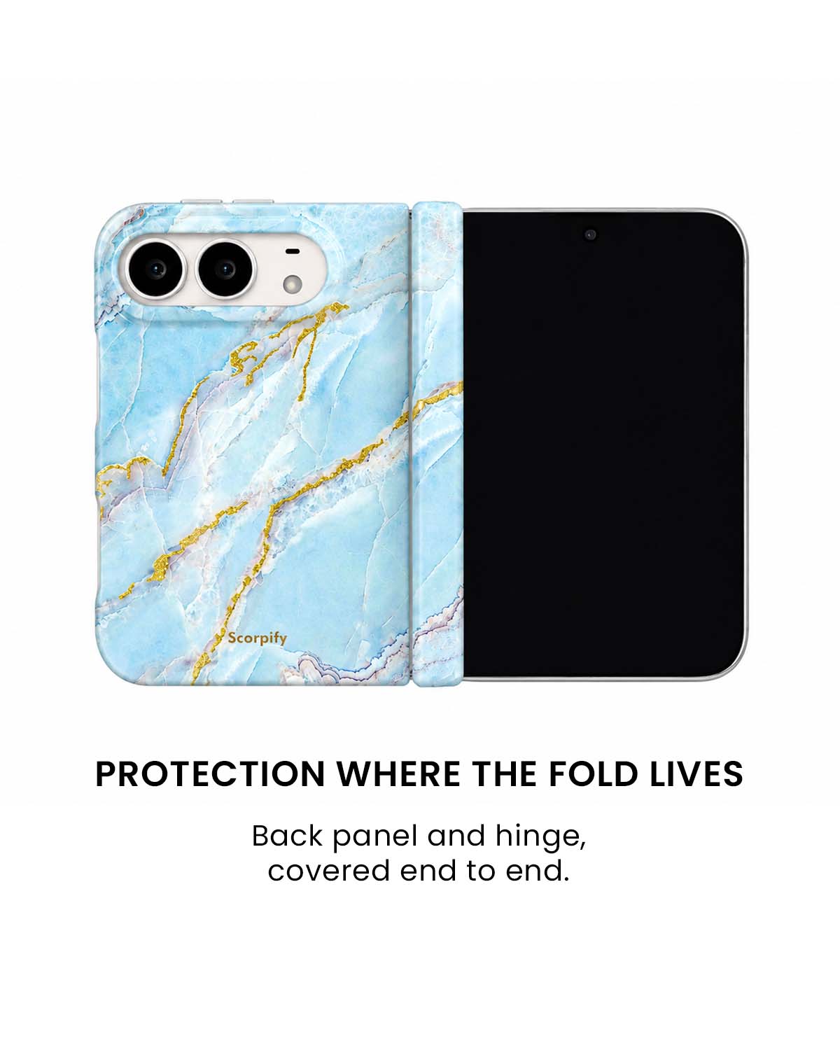 Back panel and hinge protection view of Icelandic blue marble print iPhone Duo case