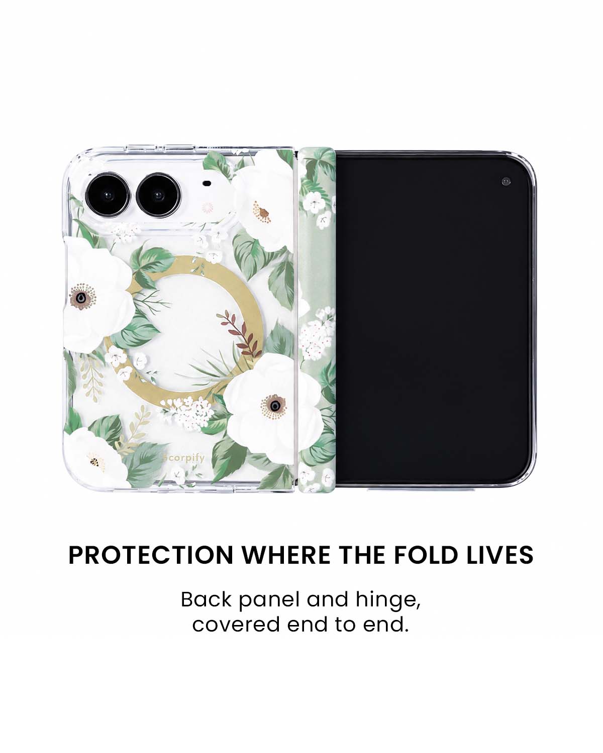 Back panel and hinge protection view of White rose floral print iPhone Duo case