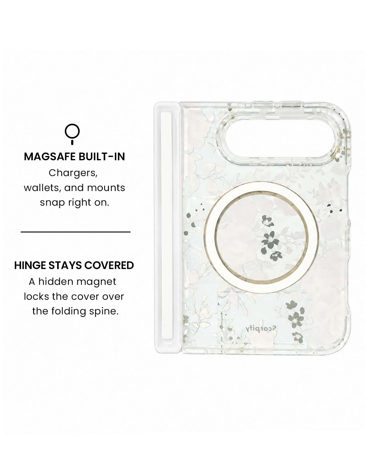 MagSafe ring and hidden hinge magnet view of Pink country rose floral print iPhone Duo case