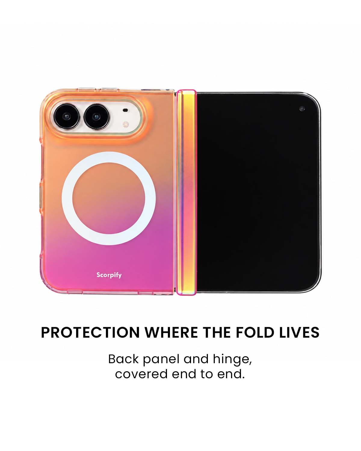 Back panel and hinge protection view of Iridescent orange-to-pink cosmic gradient iPhone Duo case