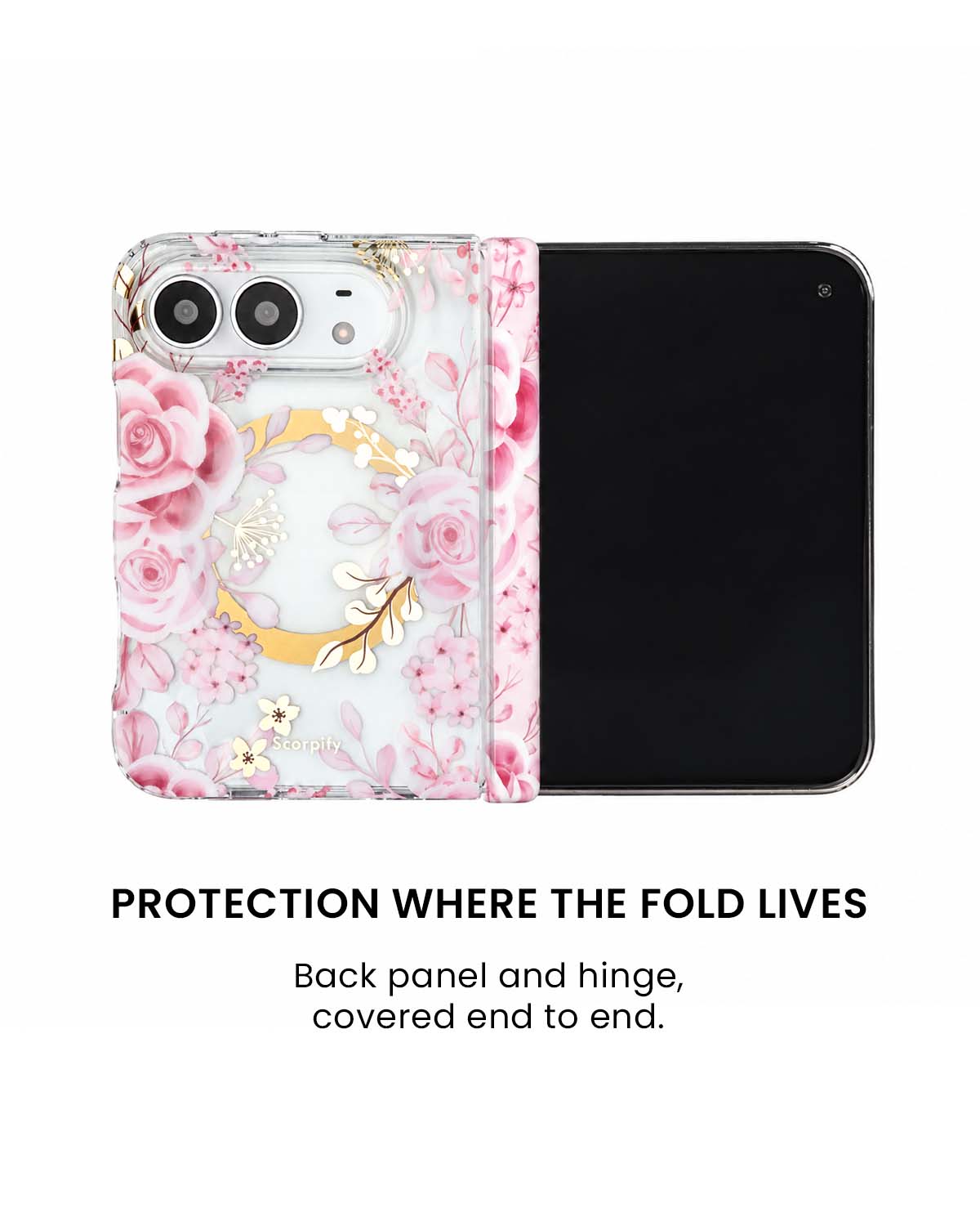 Back panel and hinge protection view of Pastel pink rose floral print iPhone Duo case