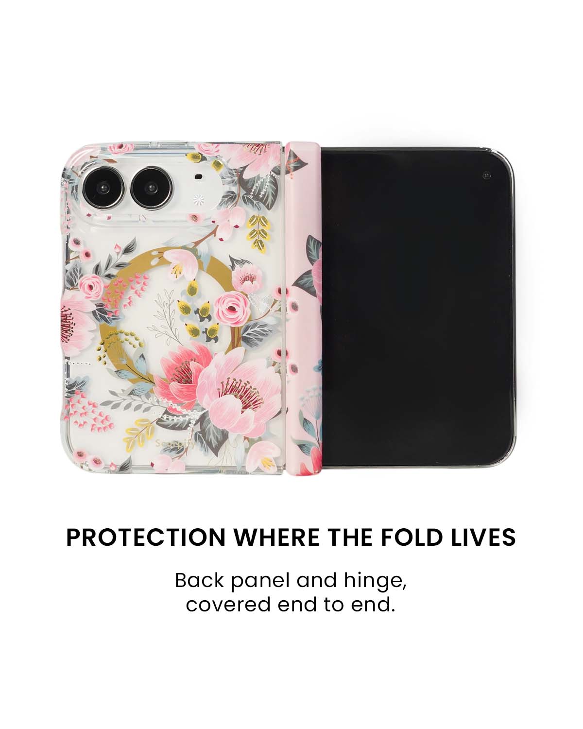 Back panel and hinge protection view of Pink epiphyllum floral print iPhone Duo case