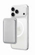 Metallic silver phone case wallet on iPhone, side angle