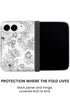 Back panel and hinge protection view of Black line art floral print iPhone Duo case