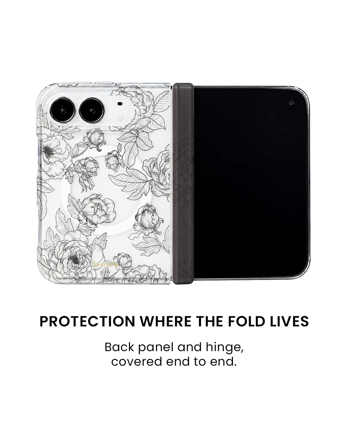 Back panel and hinge protection view of Black line art floral print iPhone Duo case