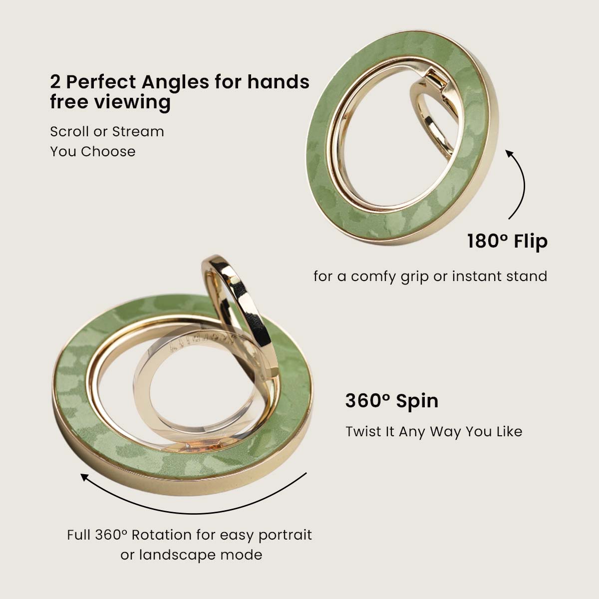 Leopard-pattern magnetic phone ring in moss green tones