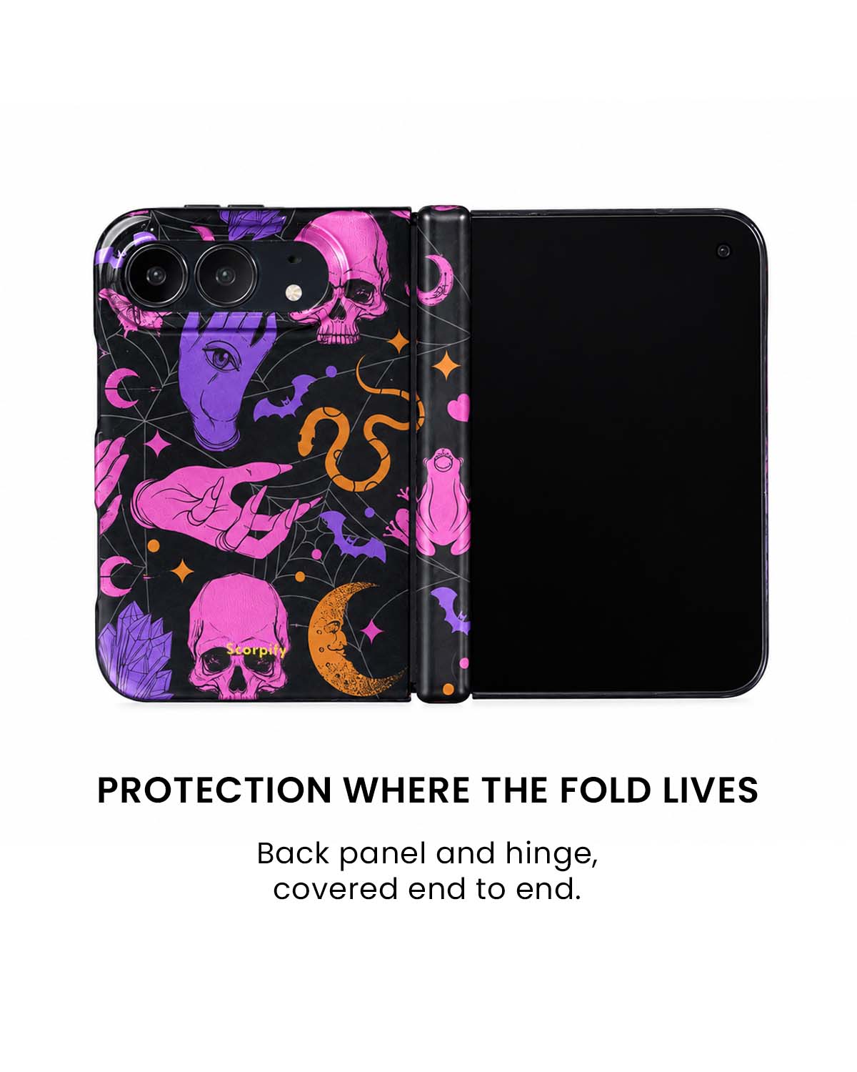 Back panel and hinge protection view of Phantom Carnival pink skull and bat print iPhone Duo case