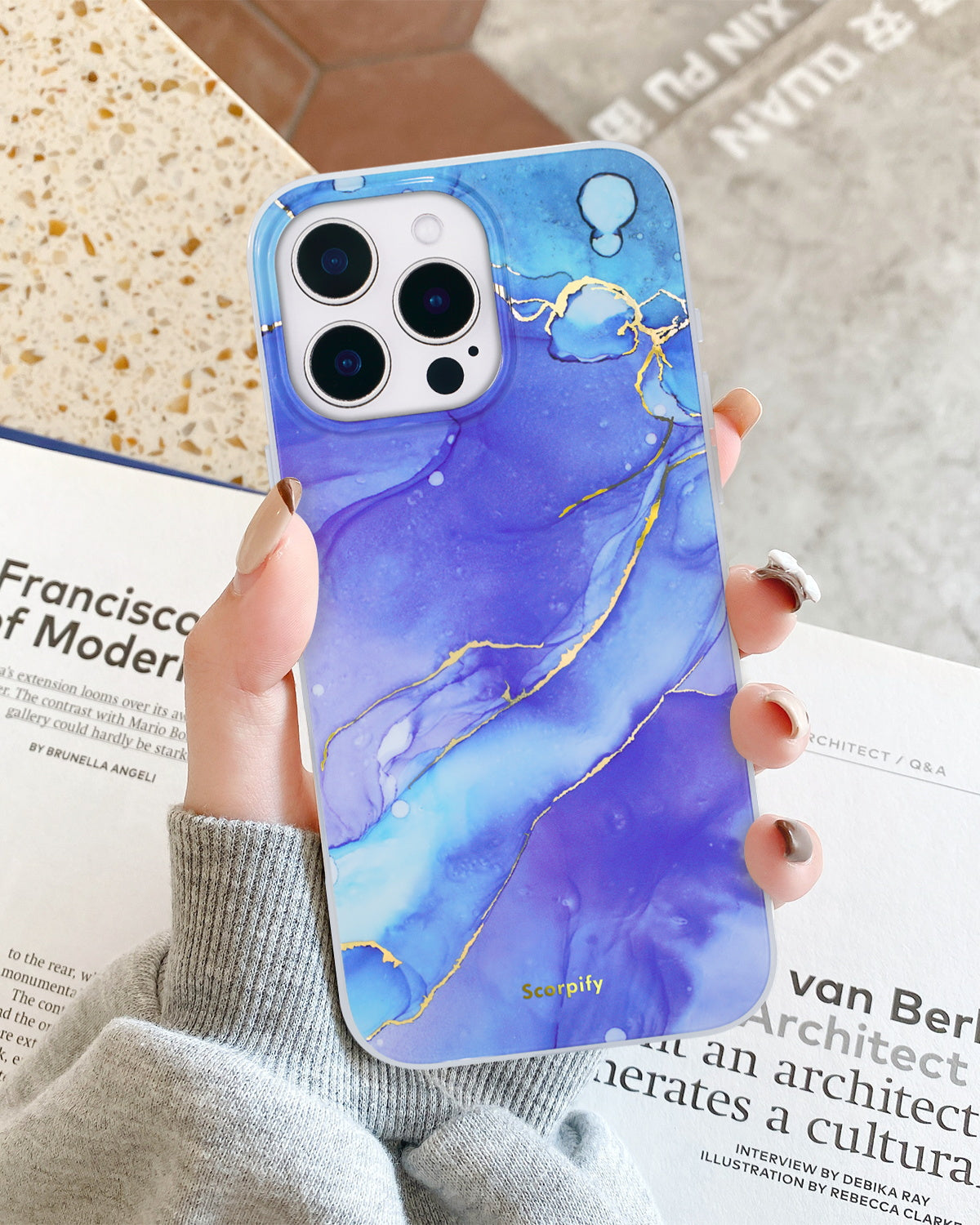 Gold foil Fantasy Blue marble phone case look