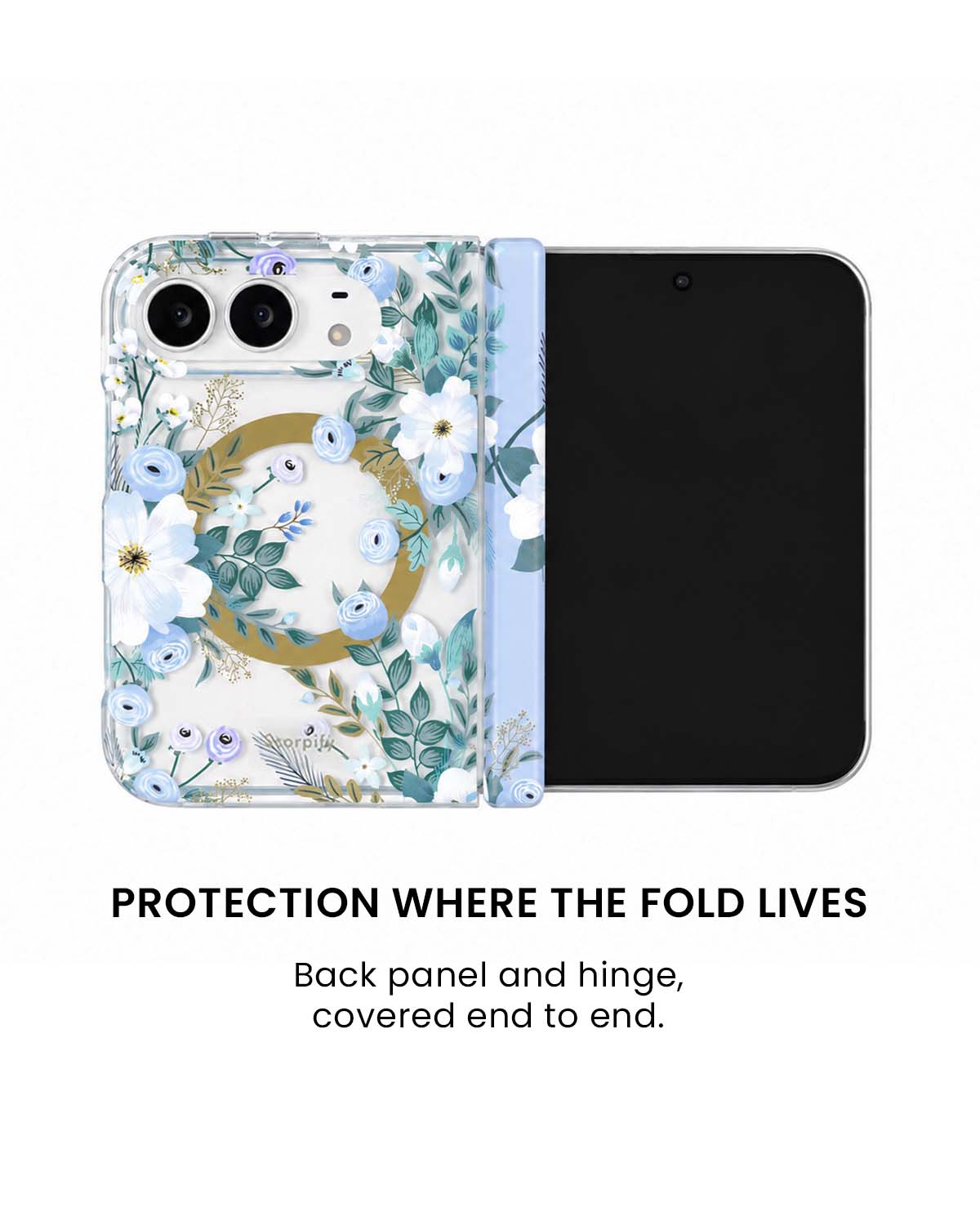 Back panel and hinge protection view of Blue Nemophila floral print iPhone Duo case