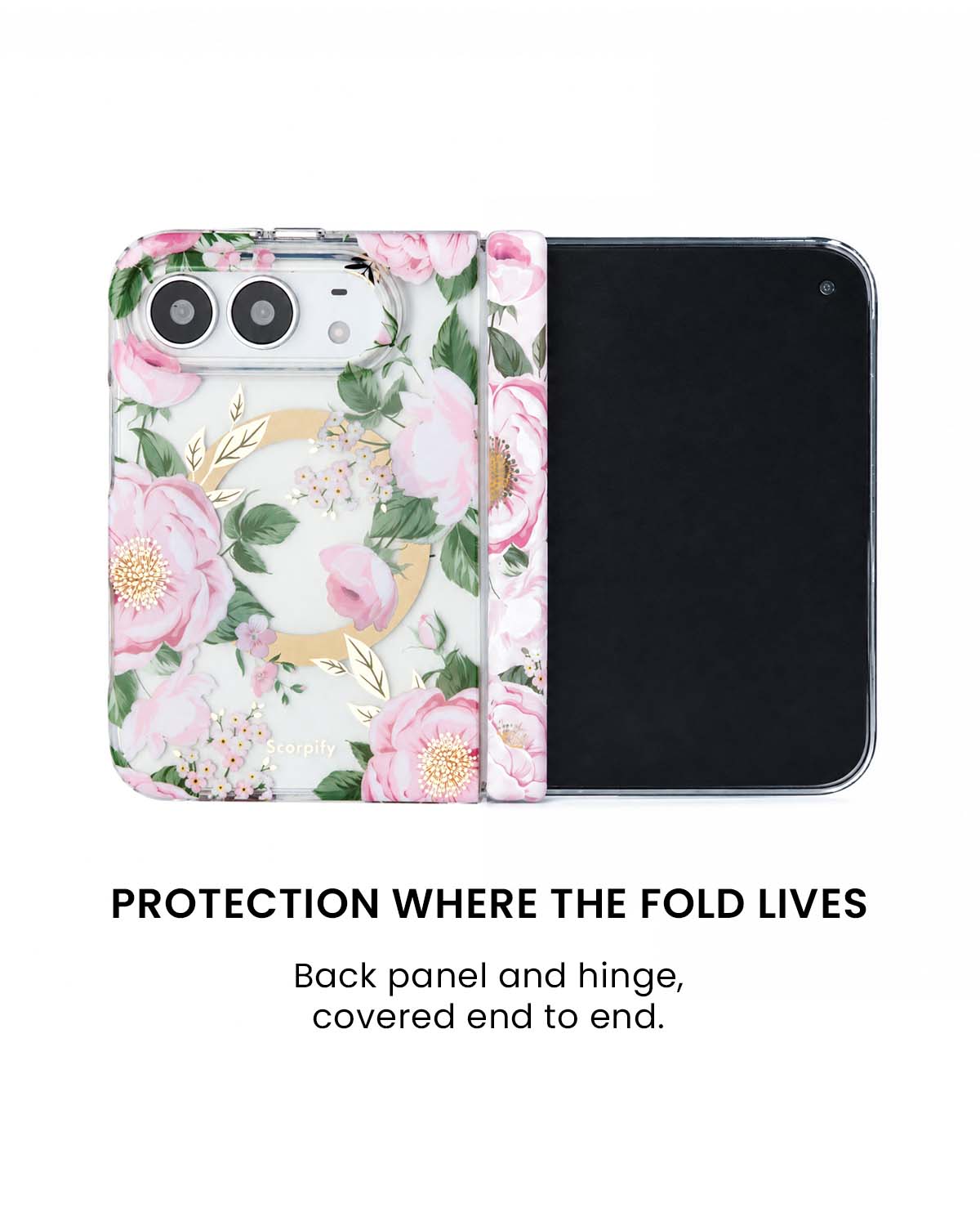 Back panel and hinge protection view of Pink peony floral print iPhone Duo case