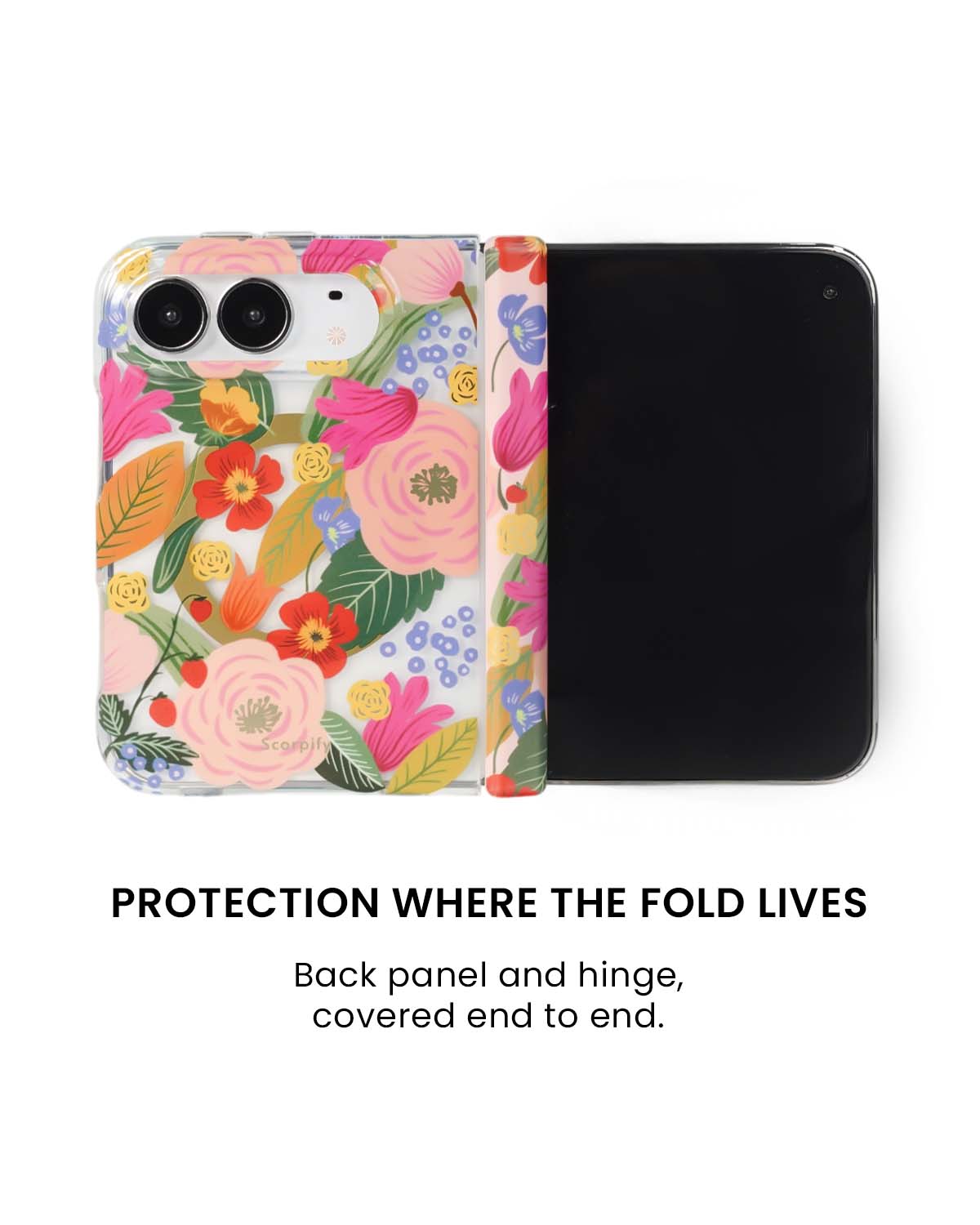 Back panel and hinge protection view of Camellia blossom floral print iPhone Duo case