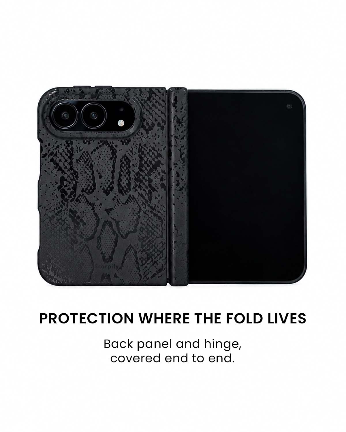 Back panel and hinge protection view of Matte black snake print iPhone Duo case