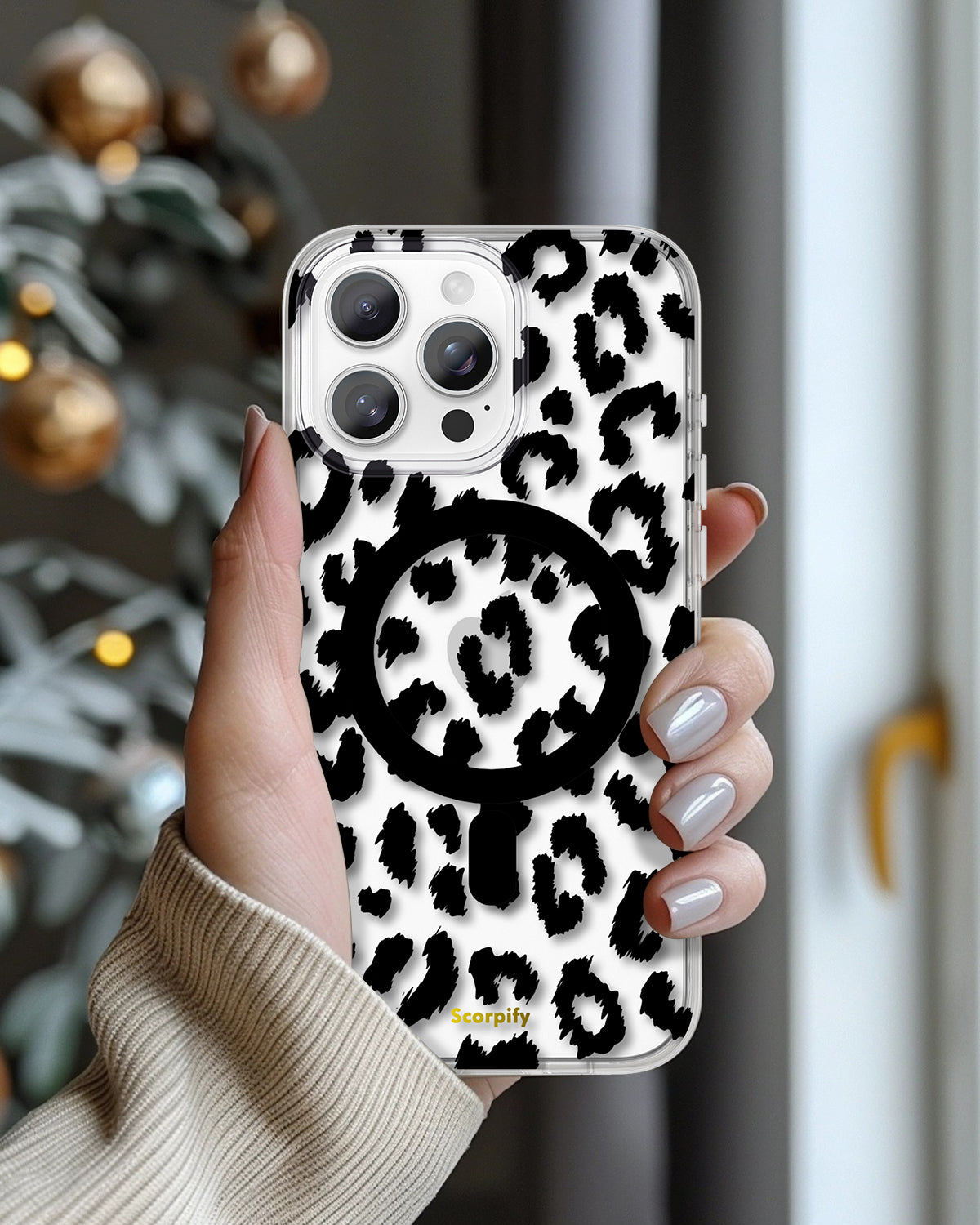 Clear Magnetic iPhone Case With Black Leopard Print Pattern