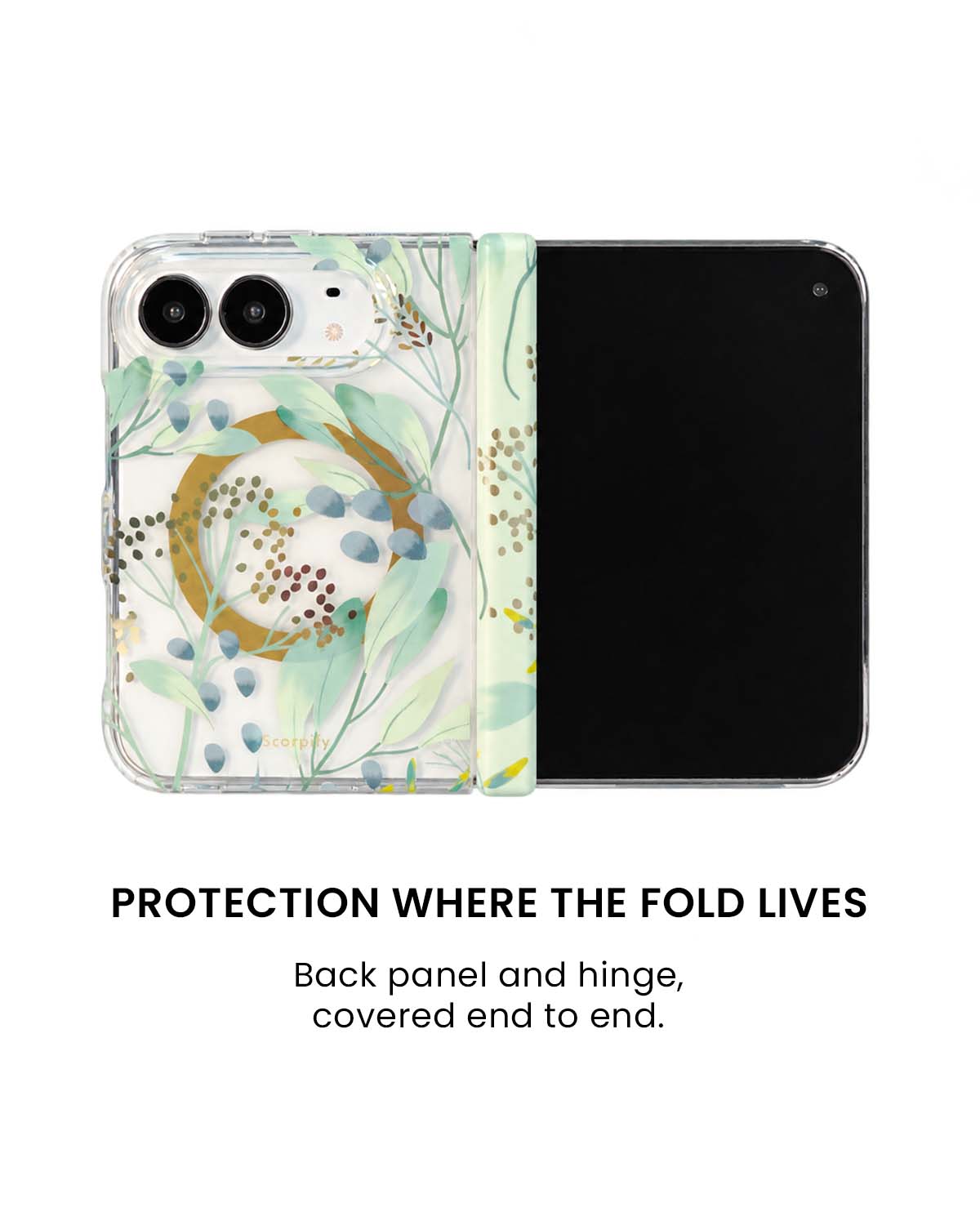 Back panel and hinge protection view of Summer Meadow green botanical print iPhone Duo case