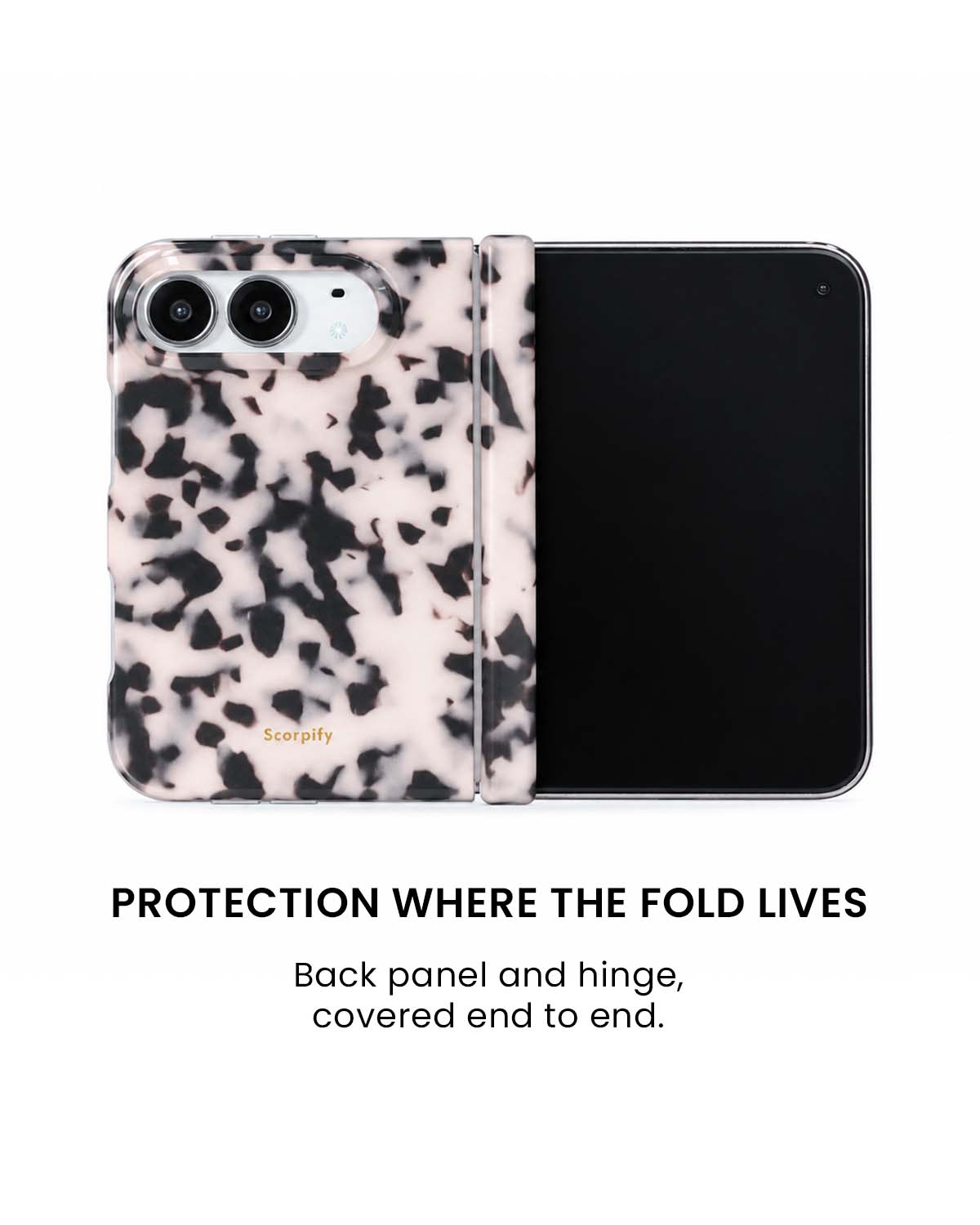 Back panel and hinge protection view of Pink tortoise shell print iPhone Duo case