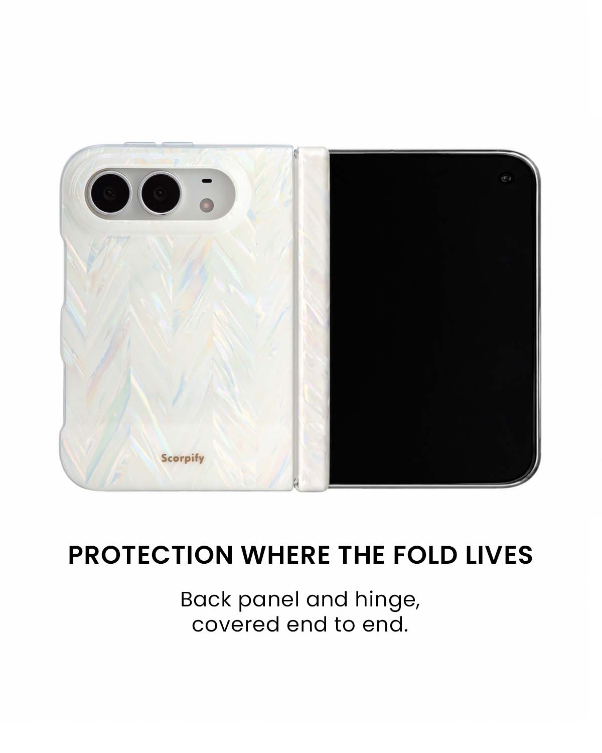 Back panel and hinge protection view of Iridescent aurora herringbone iPhone Duo case