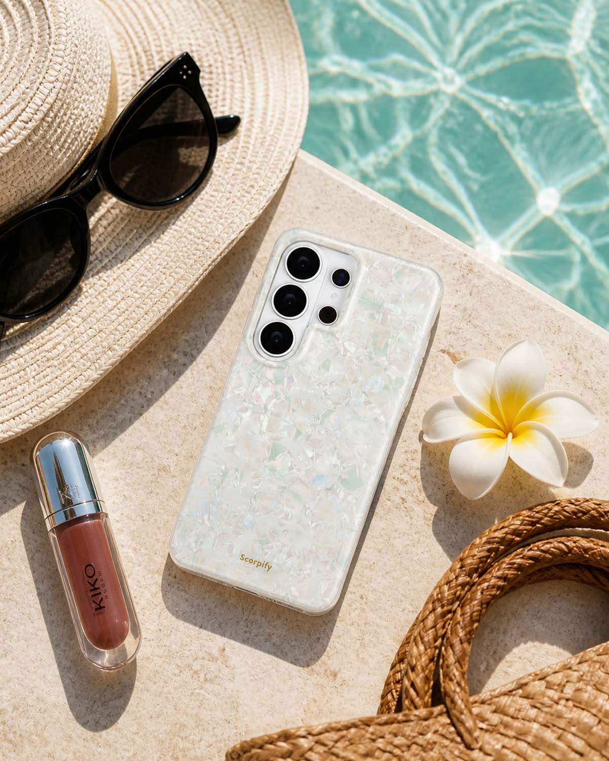Glitter Samsung phone case on beach with sunhat and flower