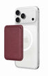 Wine red phone case wallet on iPhone, side angle