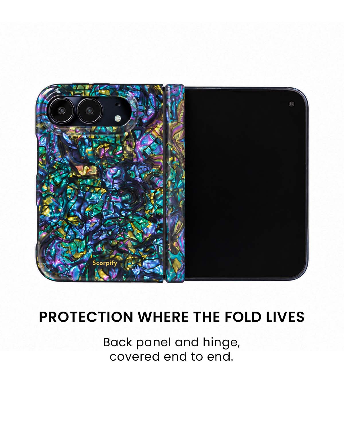 Back panel and hinge protection view of Mystic abalone shell print iPhone Duo case