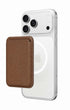 Classic brown phone case wallet on iPhone, side angle
