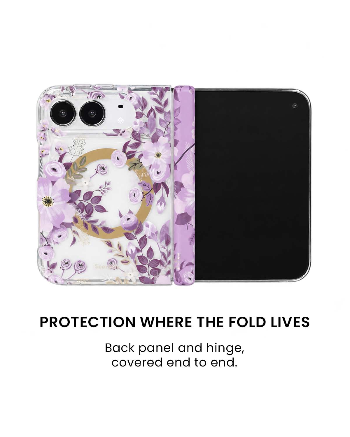 Back panel and hinge protection view of Purple Nemophila floral print iPhone Duo case