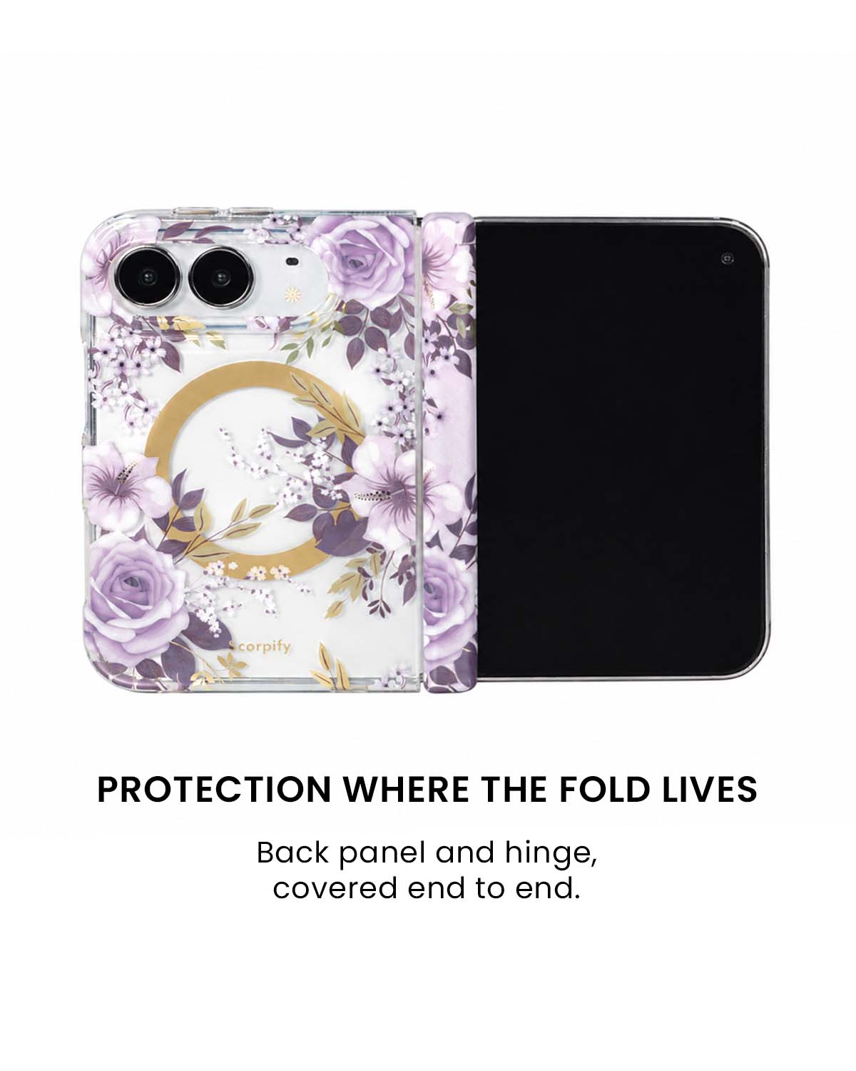 Back panel and hinge protection view of Purple hibiscus and rose floral print iPhone Duo case