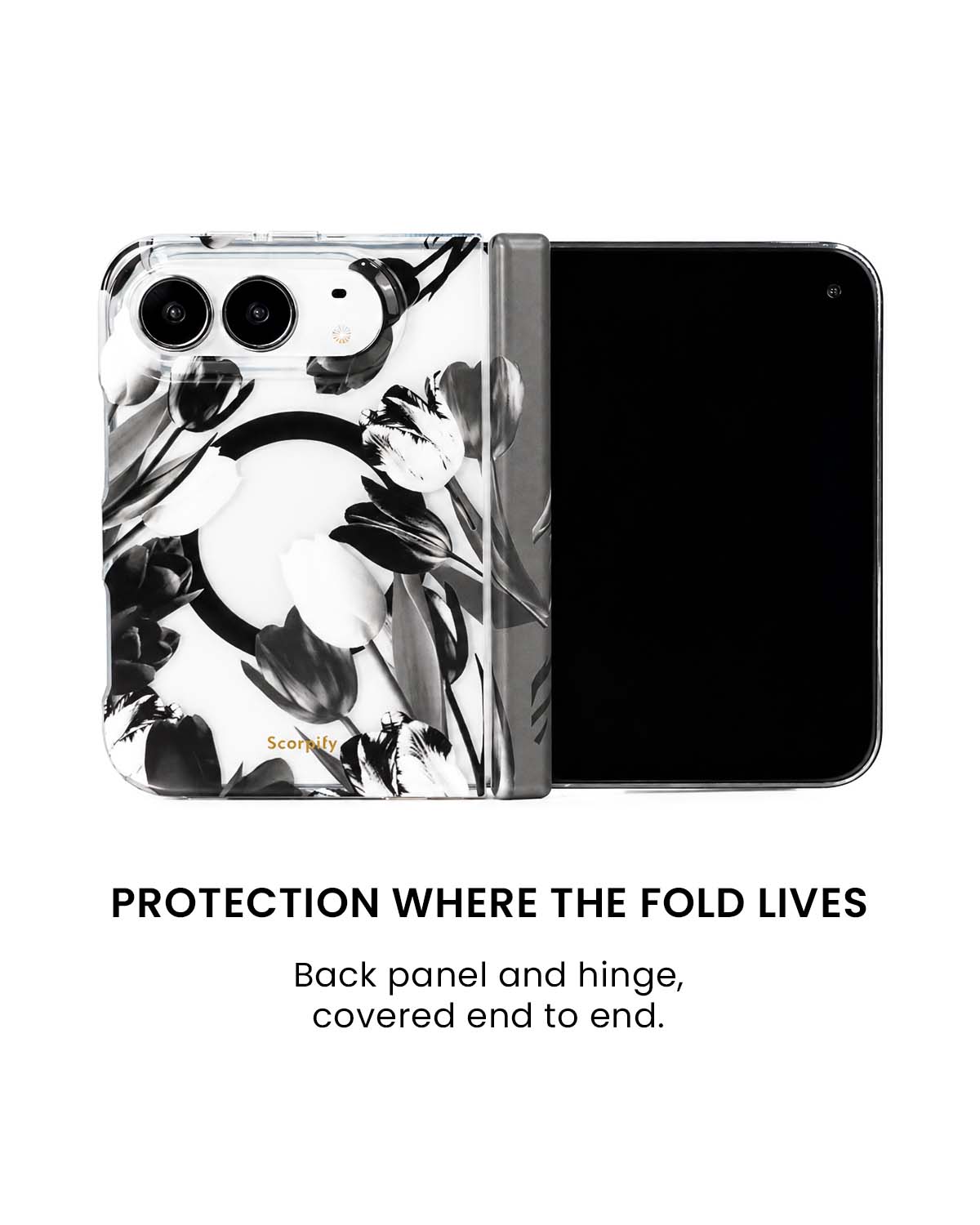 Back panel and hinge protection view of Black tulip floral print iPhone Duo case