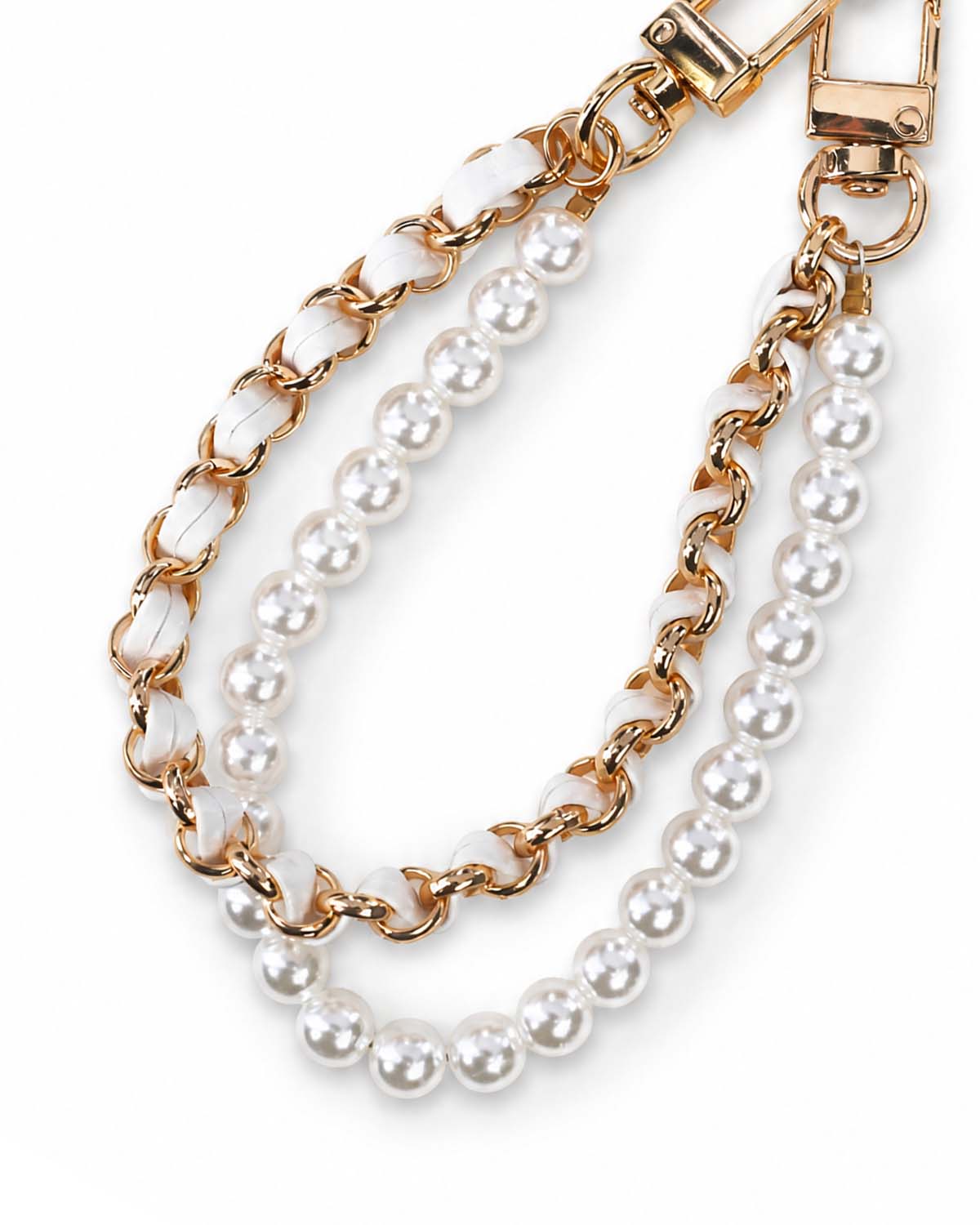 White leather phone charm strap with pearl beads