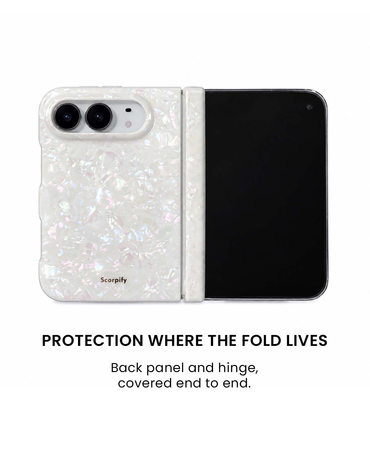 Back panel and hinge protection view of Colorful mother-of-pearl iPhone Duo case
