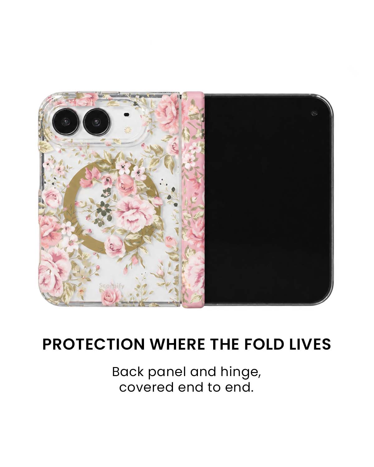 Back panel and hinge protection view of Pink country rose floral print iPhone Duo case