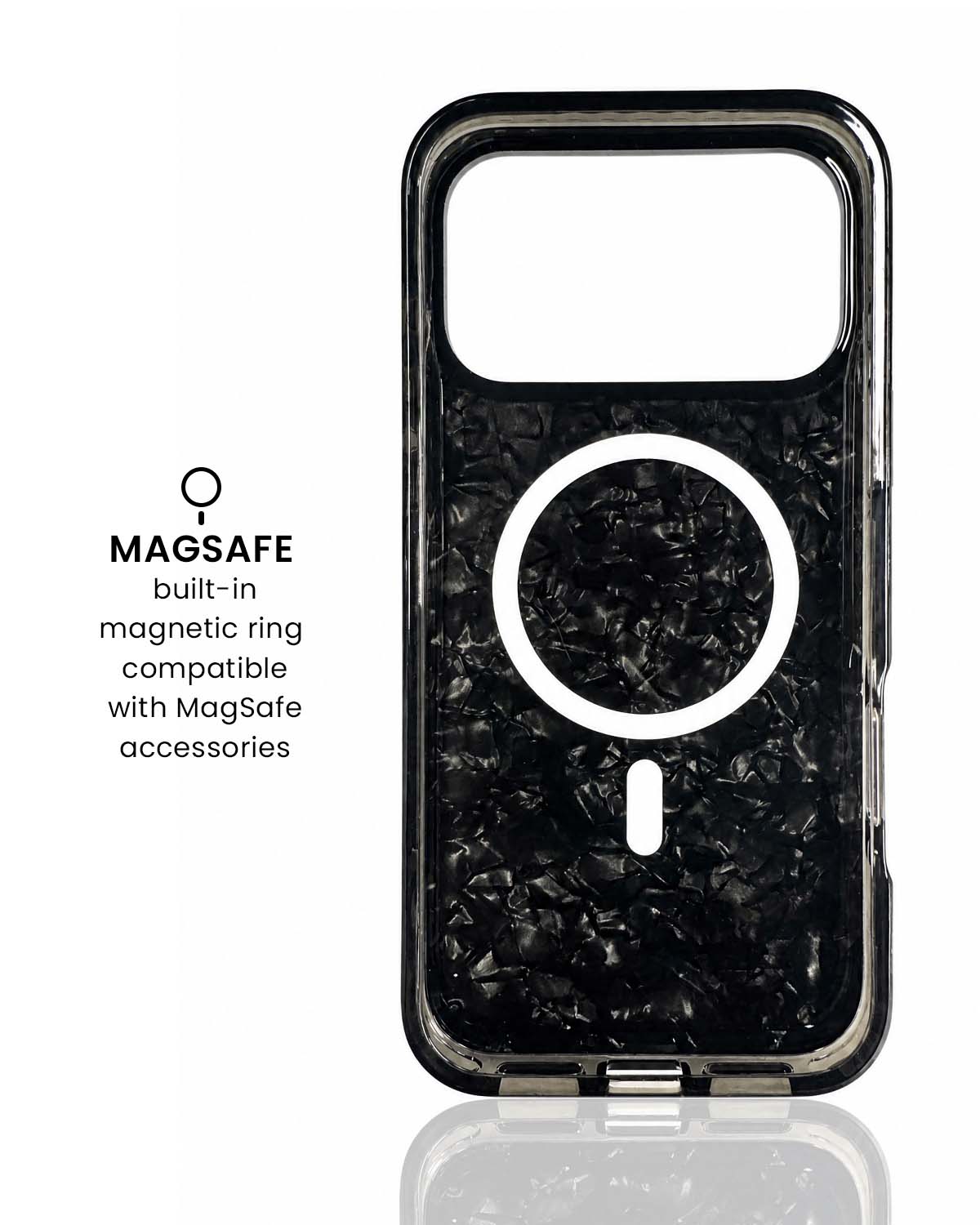 Noir Pearl iPhone Case on phone with MagSafe charger attached