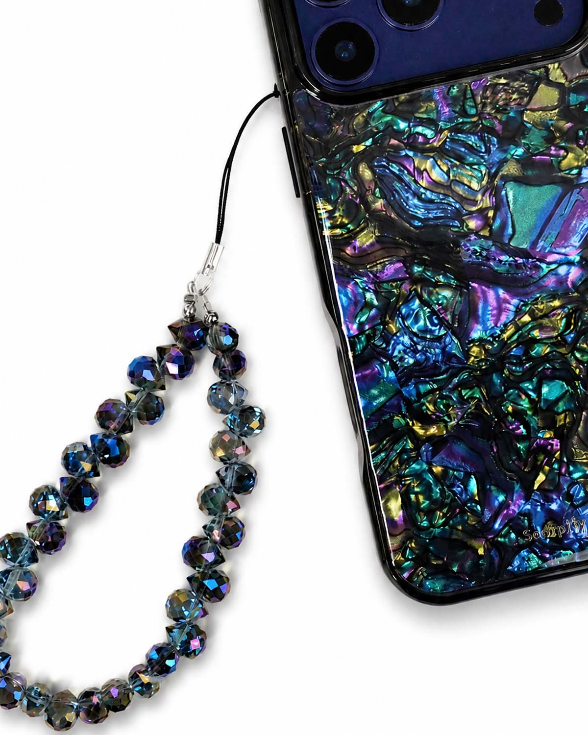 Beaded phone charm featuring purple teardrop details
