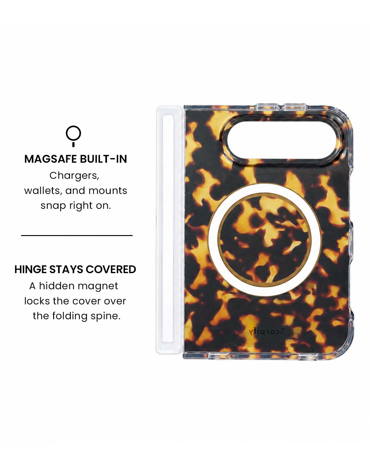MagSafe ring and hidden hinge magnet view of Dark brown tortoise shell iPhone Duo case