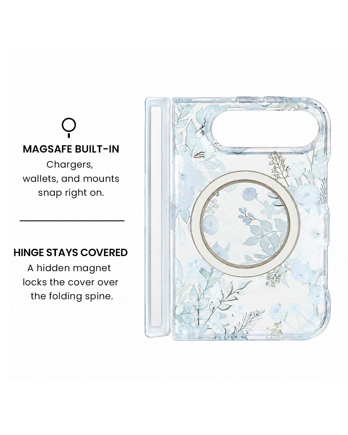 MagSafe ring and hidden hinge magnet view of Blue Nemophila floral print iPhone Duo case