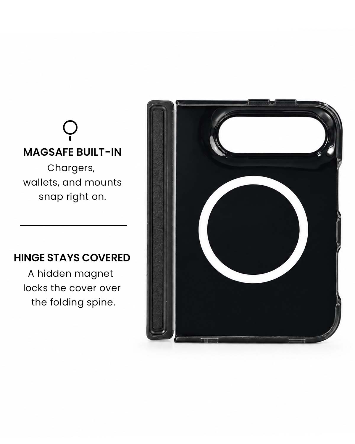 MagSafe ring and hidden hinge magnet view of Matte black snake print iPhone Duo case