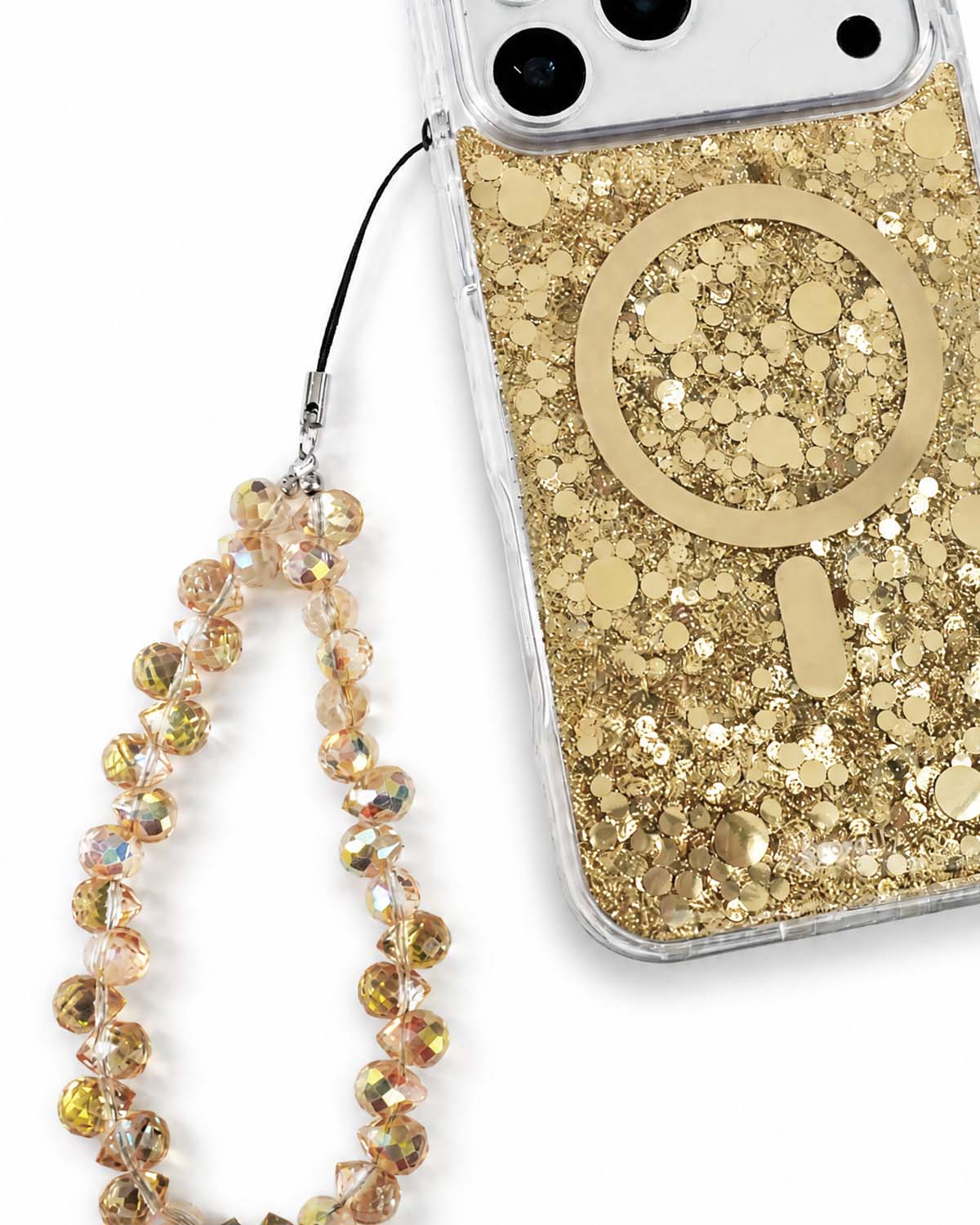 Beaded phone charm featuring yellow teardrop beads