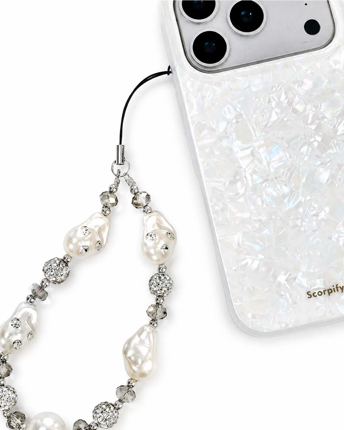 Beaded phone charm featuring crystal and pearl details
