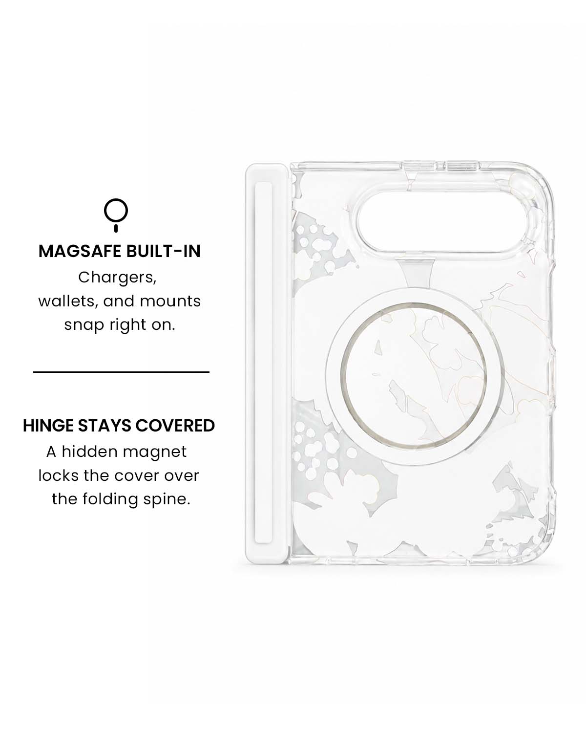 MagSafe ring and hidden hinge magnet view of Camellia blossom floral print iPhone Duo case