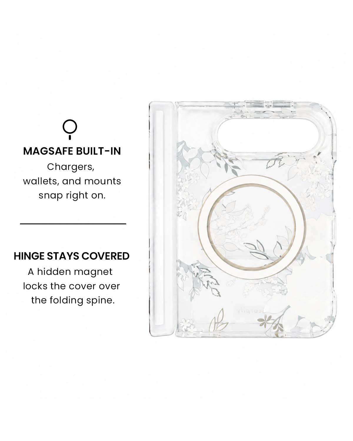 MagSafe ring and hidden hinge magnet view of Purple hibiscus and rose floral print iPhone Duo case