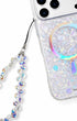 Beaded phone charm featuring iridescent teardrop details