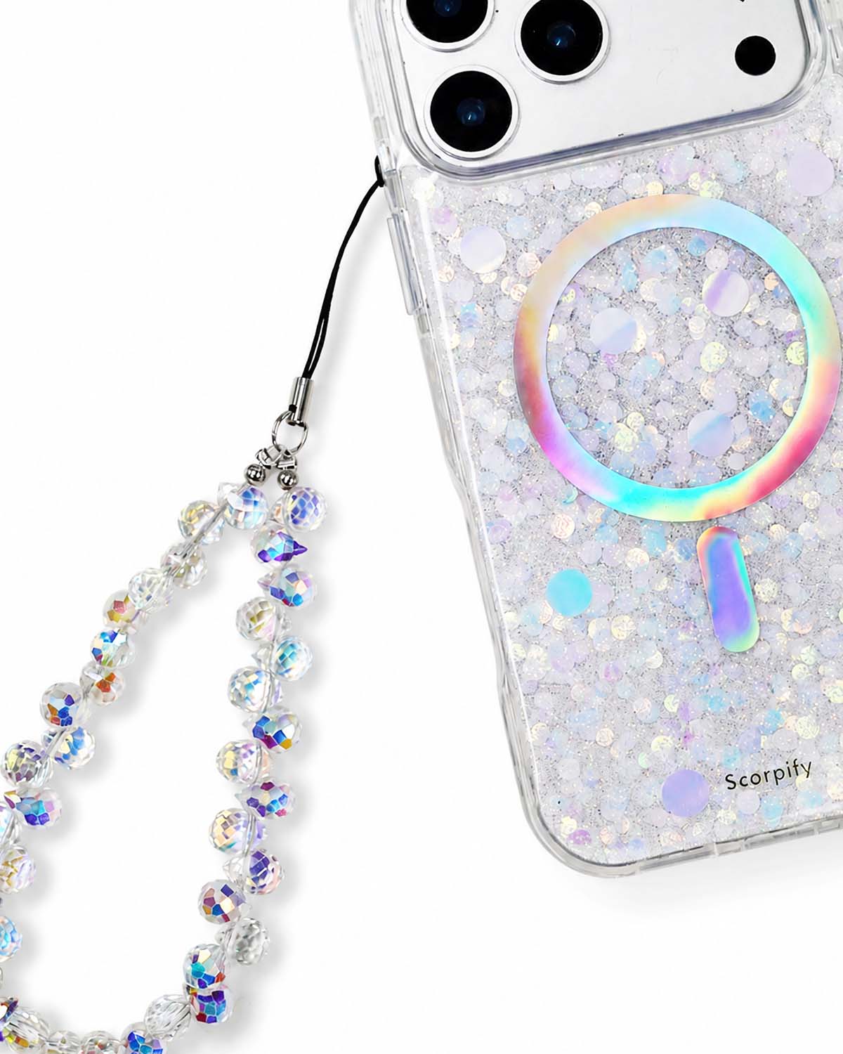 Beaded phone charm featuring iridescent teardrop details