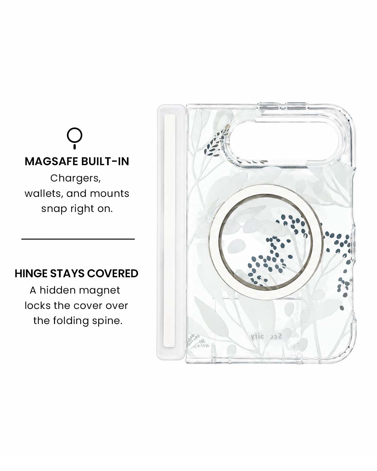 MagSafe ring and hidden hinge magnet view of Summer Meadow green botanical print iPhone Duo case